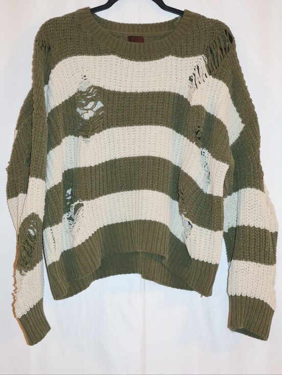 POL Sweaters - POL Olive Green and Cream Distressed Striped Knit Sweater.